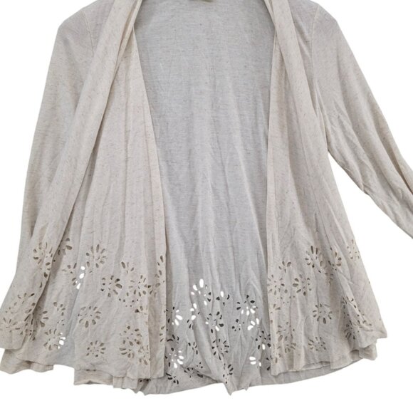 Meadow Rue Anthropologie Open Cardigan Womens Oatmeal Laser Cut Linen Blend Sz S - Picture 7 of 7